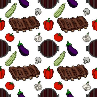 Seamless pattern featuring delicious grilled ribs, vibrant vegetables, and grill elements, creating a lively and appetizing design perfect for foodrelated projects.