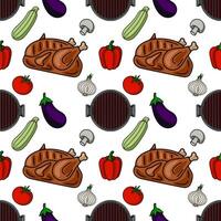 Seamless pattern of roasted chicken, vegetables and grill on white background, perfect for kitchen textile or wrapping paper design. vector