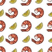 Seamless pattern of grilled shrimps and lemon slices, handdrawn in a vibrant, cartoon style, perfect for food packaging or summerthemed designs. vector