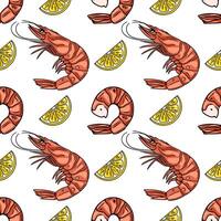 Seamless pattern of handdrawn shrimps and lemon slices, vibrant illustration for culinary design. vector