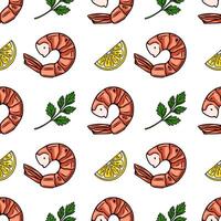 Seamless pattern of handdrawn shrimps, lemon slices, and parsley sprigs, creating a vibrant and appetizing design for culinarythemed projects. vector