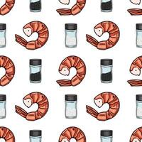 Seamless pattern of handdrawn grilled shrimps and spices in glass jars, featuring a vibrant color palette and a playful, appetizing style, perfect for food packaging or culinary designs. vector