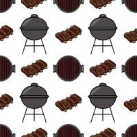 Seamless pattern featuring handdrawn illustrations of BBQ grills and delicious grilled ribs, perfect for summerthemed designs and foodrelated projects. vector