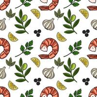 Seamless pattern of handdrawn shrimps, lemon slices, garlic, olives, parsley, and peppercorns, creating a vibrant and appetizing culinary illustration perfect for foodrelated designs. vector