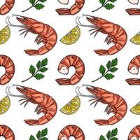 Seamless pattern of delicious shrimps, lemon slices, and parsley sprigs, perfect for restaurant menus or seafood packaging design. vector