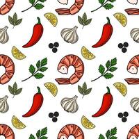Seamless pattern of grilled shrimps, lemon slices, chili peppers, garlic, parsley, and black peppercorns, creating a vibrant and appetizing culinary illustration. vector