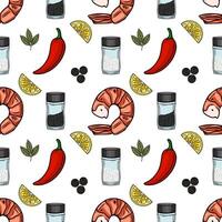 Seamless pattern of grilled shrimp, lemon slices, chili peppers, bay leaves, salt, and peppercorns, creating a vibrant and appetizing culinary design. vector