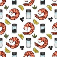 Seamless pattern of grilled shrimps, lemon slices, peppercorns, and salt shakers, creating a vibrant and appetizing food illustration perfect for culinary designs. vector