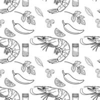 Seamless outline pattern of handdrawn shrimps, spices, and citrus slices, creating a culinarythemed design perfect for food packaging or restaurant menus. vector
