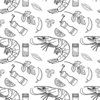 sin costura contorno modelo con dibujado a mano ilustraciones de A la parrilla camarones, pimienta amoladora, perejil, chile pimienta, granos de pimienta, y limón rebanadas, creando un De temática culinaria diseño. vector
