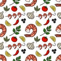 Seamless pattern of grilled shrimp, lemon slices, garlic, chili peppers, parsley, and black peppercorns, creating a vibrant and appetizing food illustration perfect for culinary designs. vector