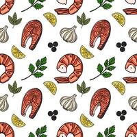 Seamless pattern of handdrawn grilled shrimp, salmon steaks, lemon slices, garlic, parsley, and peppercorns, creating a vibrant culinary illustration. vector