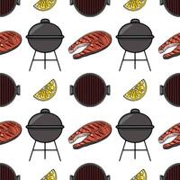 Seamless pattern featuring a cheerful illustration of a summer BBQ with grilled salmon steaks, lemon slices, and charcoal grills, perfect for food blogs, restaurant menus, or summerthemed d... vector