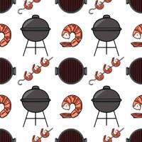 Seamless pattern of grilled shrimps and barbecue grills, featuring detailed illustrations of prawns on skewers and a charcoal grill, creating a vibrant summer food theme. vector