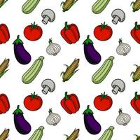 Seamless pattern of handdrawn vegetables zucchini, corn, mushrooms, tomatoes, bell peppers, eggplants, and garlic, creating a vibrant and fresh kitchenthemed design. vector
