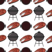 Seamless pattern of grilled salmon steaks and charcoal grills, a vibrant illustration perfect for summer BBQ themes and food packaging design. vector