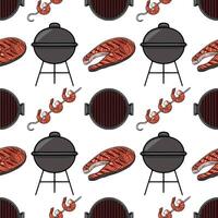 Seamless pattern of grilled salmon steak, shrimps on skewers, and charcoal grill, featuring a vibrant cartoon style with contrasting orange and dark gray colors, perfect for summer BBQ or se... vector