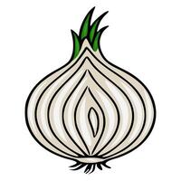 A detailed illustration of a halved onion with a stylized, cartoonish design, featuring beige and white layers, black outlines, and vibrant green sprouts. vector