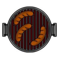 Top view illustration of three sausages grilling on a round barbecue grill, showcasing a detailed cartoon style with dark maroon grill bars and a metallic gray frame. vector