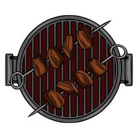 Delicious illustration of two skewers of grilled meat on a round barbecue grill, top view, isolated on white background. vector