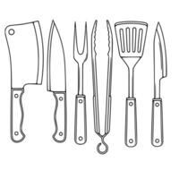 A illustration featuring a set of six distinct kitchen utensils cleaver, chefs knife, carving fork, tongs, spatula, and paring knife, all rendered in a minimalist black line art style vector