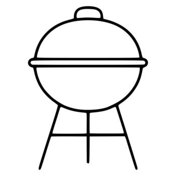 A simple illustration of a spherical barbecue grill with a lid, featuring a minimalist line art style and a three legged stand. vector