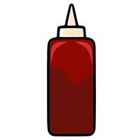 This illustration showcases a stylized bottle of dark red sauce or condiment, featuring a pointed cap and a subtly wavy fill line, suggesting a smooth, viscous texture. vector