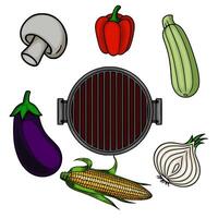 A vibrant illustration showcasing a circular grill surrounded by various vegetables ready for grilling, including corn, eggplant, zucchini, bell pepper, onion, and mushroom, perfect for culi... vector