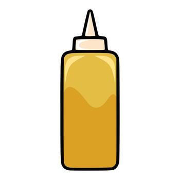 A illustration of a mustard bottle with a pointed cap, showcasing a simple yet appealing cartoon style with a golden yellow color scheme. vector
