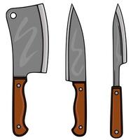 A illustration featuring three distinct kitchen knives a cleaver, a chefs knife, and a paring knife, each with a brown wooden handle, set against a clean white background. vector