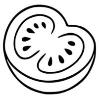 A illustration of a halved tomato, showcasing a simplistic black line art style with detailed seed representation, ideal for culinary designs or food related projects. vector