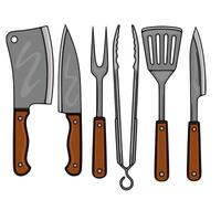 A illustration featuring a set of six meticulously detailed barbecue tools, including a cleaver, chefs knife, carving fork, tongs, spatula, and paring knife, all with brown handles, set aga... vector