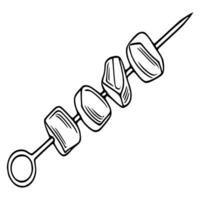 A illustration of a shashlik skewer with four pieces of meat, presented in a hand drawn style with bold black outlines against a white background, showcasing a simple yet effective design fo... vector