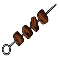 A illustration of a shashlik skewer with four pieces of meat, depicted in a cartoon style with dark brown meat and a metallic skewer. vector