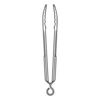 A detailed illustration of a kitchen utensil, specifically a pair of tongs with serrated gripping edges and a hanging loop, presented in a minimalist black line art style against a white bac... vector