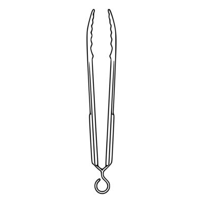 A detailed illustration of a kitchen utensil, specifically a pair of tongs with serrated gripping edges and a hanging loop, presented in a minimalist black line art style against a white bac...