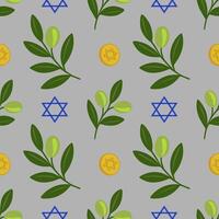 Seamless pattern featuring olive branches, Star of David symbols, and gold coins, creating a festive Hanukkah design with a muted grey background. vector