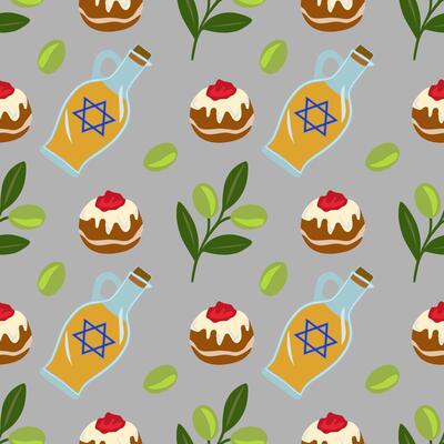 Seamless pattern featuring sufganiyot, olive branches, and oil decanters with Star of David, ideal for Hanukkah celebrations.