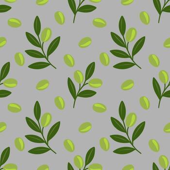 Seamless pattern of stylized olive branches and olives on a grey background, creating a fresh and natural design. vector