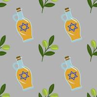 Seamless pattern of olive oil bottles with Star of David and olive branches, perfect for Hanukkah or Jewish holiday designs. vector