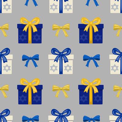 Seamless pattern with blue and beige gift boxes, yellow and blue bows, and Star of David symbols, perfect for Hanukkah or Jewish holiday designs.