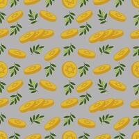 Seamless pattern of golden Hanukkah gelt coins with Star of David and olive branches on a gray background, perfect for festive backgrounds and designs. vector