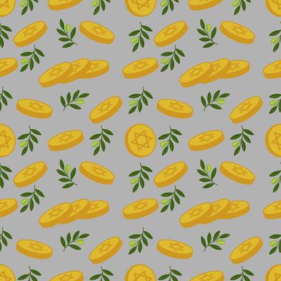 Seamless pattern of golden Hanukkah gelt coins with Star of David and olive branches on a gray background, perfect for festive backgrounds and designs.