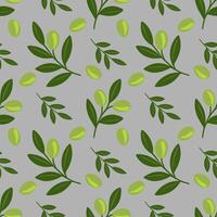Seamless pattern of stylized olive branches and olives on a grey background, featuring a unique blend of dark and light green hues for a fresh and natural design. vector