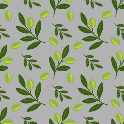 Seamless pattern of stylized olive branches and olives on a grey background, featuring a unique blend of dark and light green hues for a fresh and natural design.