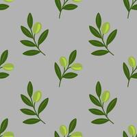 Seamless pattern of stylized olive branches with green leaves and olives on a gray background, perfect for textile design or wrapping paper. vector