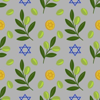 Seamless pattern featuring olive branches, Star of David symbols, and golden coins, ideal for Hanukkah or Jewish holiday designs.