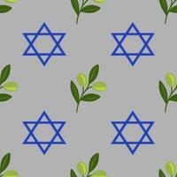 Seamless pattern featuring the Star of David and olive branches, a symbolic design for Hanukkah or Jewish celebrations, with a muted grey background and vibrant green and blue tones. vector