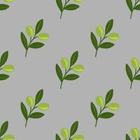 Seamless pattern of stylized olive branches with green olives and leaves on a grey background, perfect for design or wrapping paper. vector