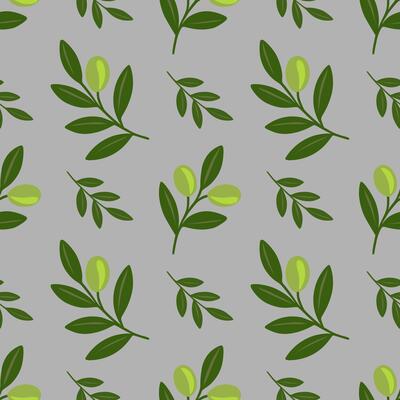 Seamless pattern of stylized olive branches with light green olives and dark green leaves on a gray background, creating a fresh and natural design.